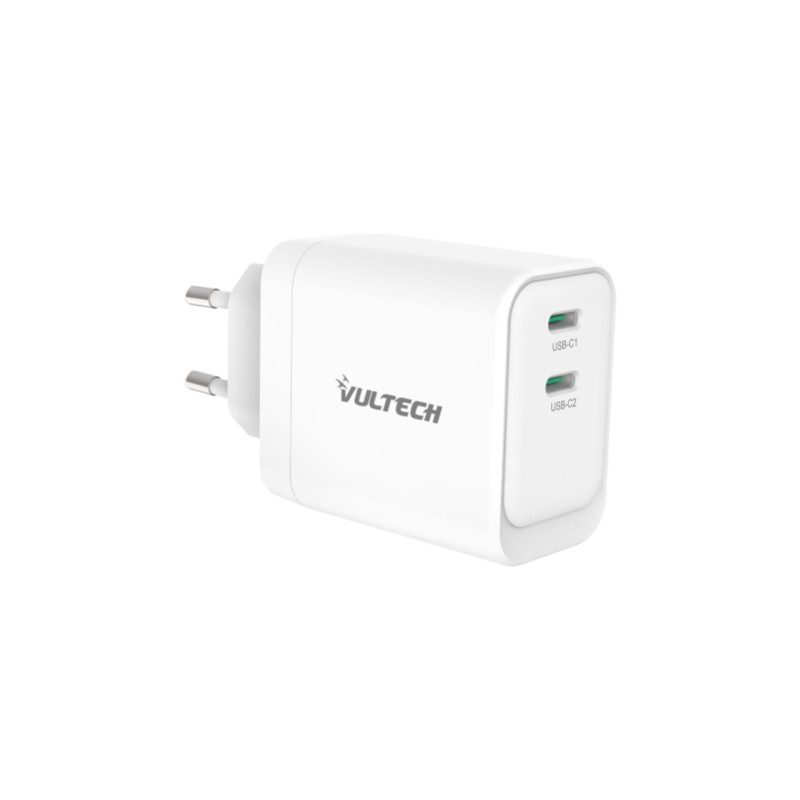 Caricatore Usb da presa Vultech CC45-2C Porta 2 Type-C PD45W GaN PPS 45W - Bianco Dimensioni Compatte