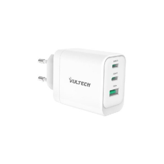 Caricatore Usb da presa Vultech CC65-2C1A  2 Type-C  1 Type-A PD65W GaN PPS 65W - Bianco Dimensioni Compatte