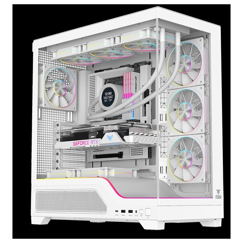 Case Itek SHOWBUI WAVE 82W ATX, 4x Ventole ARGB, pannello frontale e laterale in vetro temperato, Bianco