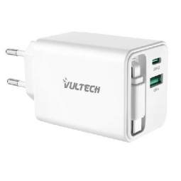 Caricatore Adattatore Universale Vultech CC65-2C1AR 2 Porte Type-C PD45 Con Cavo Retrattile + 1 Porta USB QC3.0 GaN PPS 65W Ner