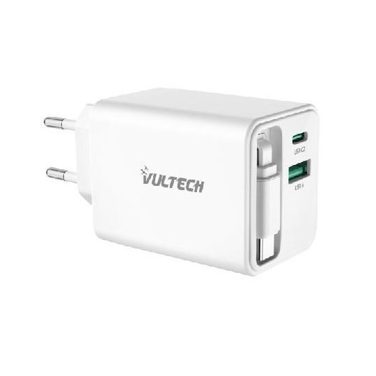 Caricatore Adattatore Universale Vultech CC65-2C1AR 2 Porte Type-C PD45 Con Cavo Retrattile + 1 Porta USB QC3.0 GaN PPS 65W Ner